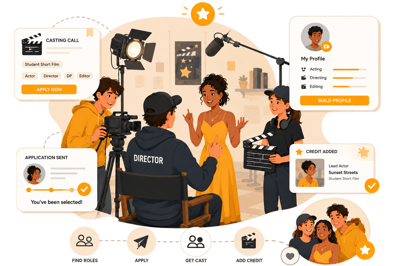 Students on a film set casting roles, applying, and building their profiles on FilmBustr
